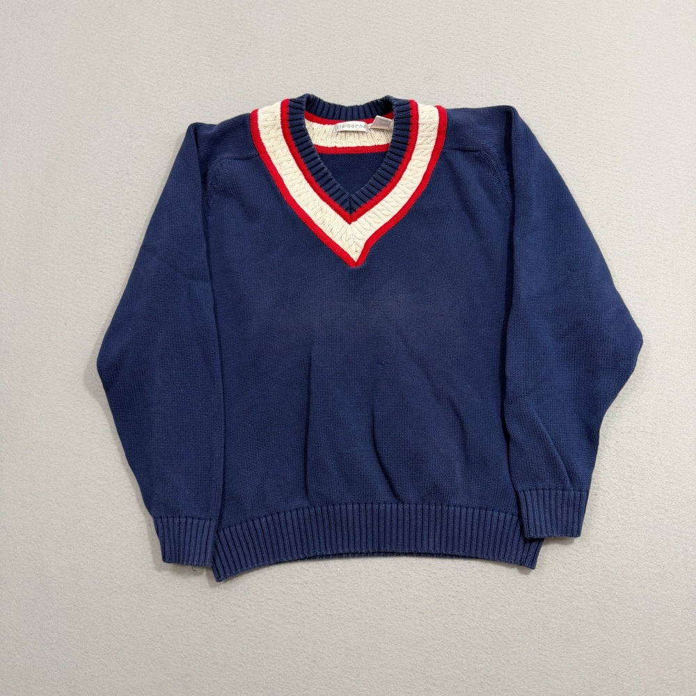 Vintage Claiborne Sweater Medium Blue V-Neck Tennis Preppy Cotton Knit Pullover